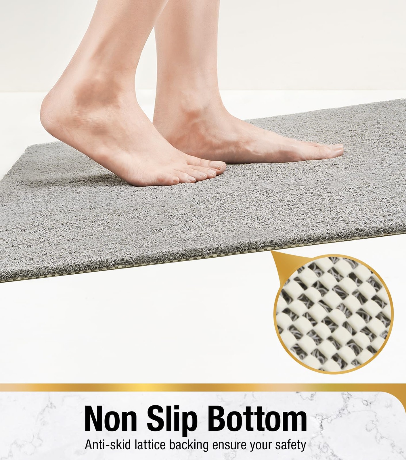 Bath Mat Non Slip, PVC Loofah Shower Mat For Tub, 24x16 Inch, Quick Dry, Grey