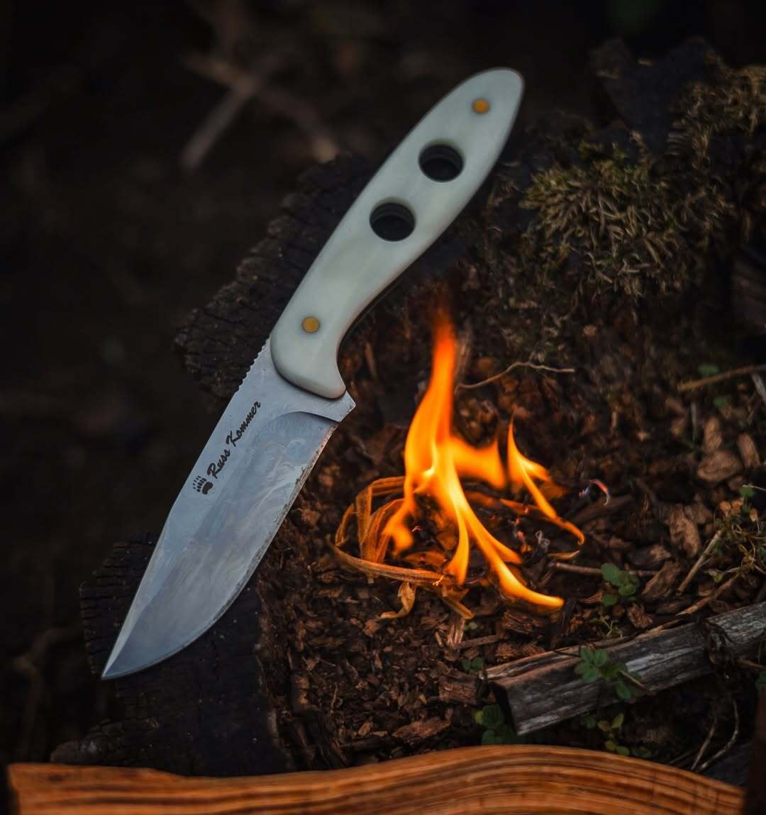 Russ Kommer Whiteout D2 Steel Fixed Blade Hunting Knife With Leather Sheath