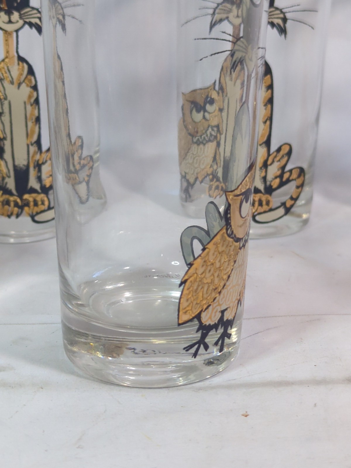 Vintage Culver 22K MCM Mid-Century Modern cat and Owl High ball glass set of 8