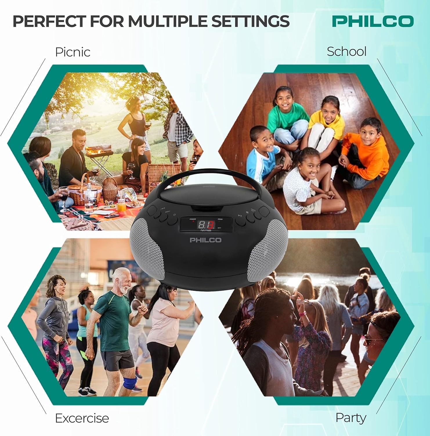 Philco Portable CD Player Boombox with Speakers, Radio, CD, 3.5mm Aux, LED