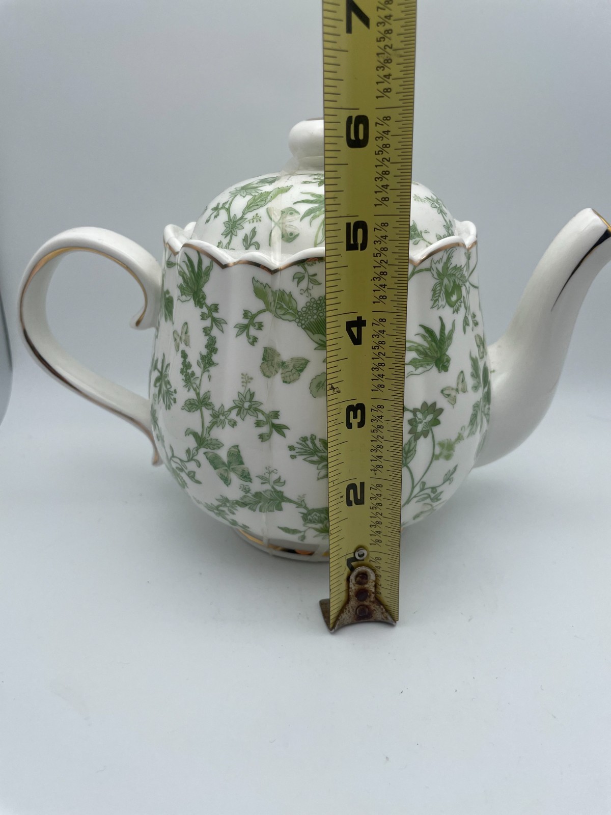 Grace Teaware Shabby Chic Green Floral Gold Trim Fine Porcelain Teapot & Lid B97