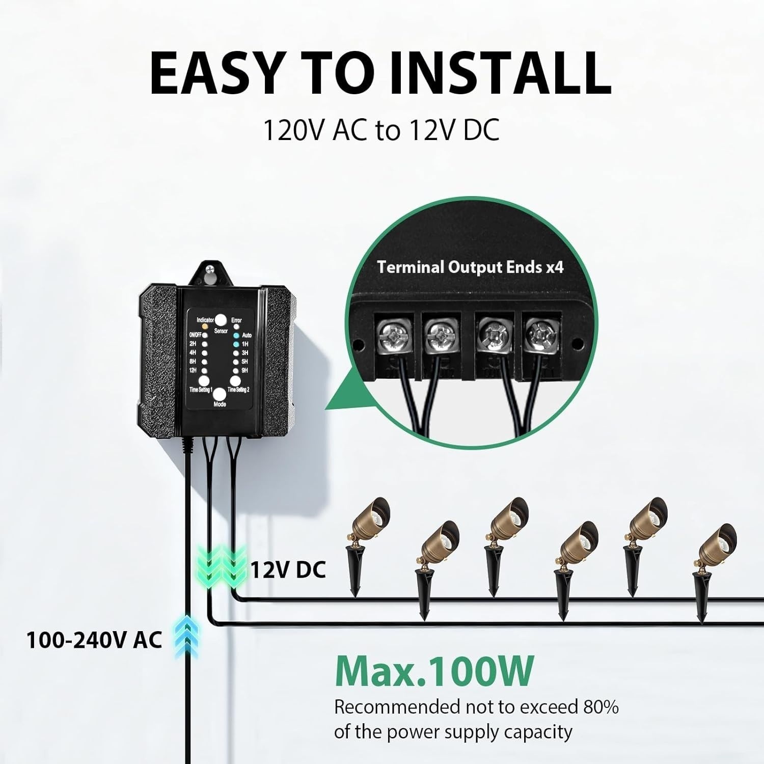100W Weatherproof Low Voltage Landscape Transformer with Timer & Photocell