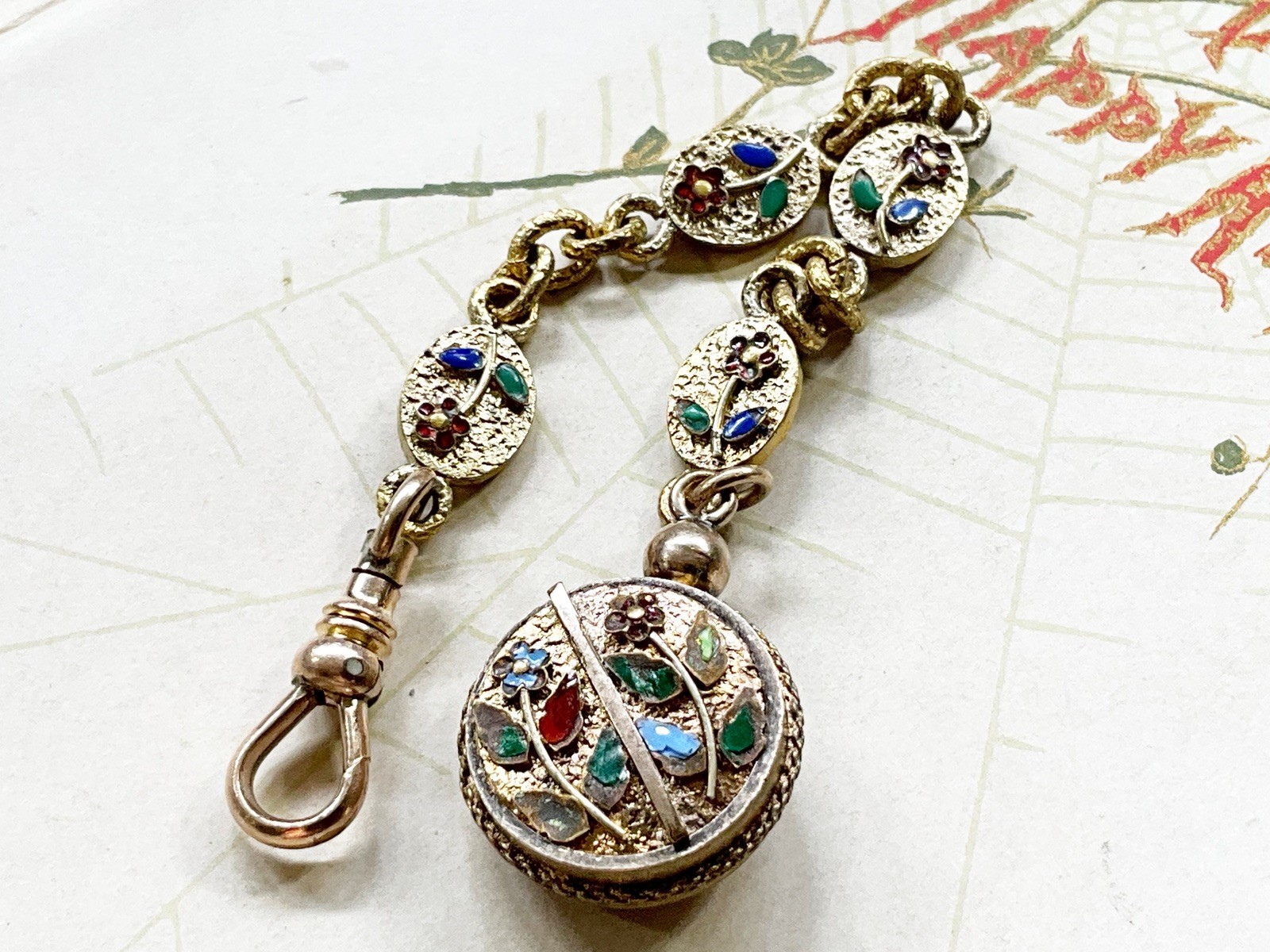 Antique Gold Filled Pocket Watch Chain Fob with Enamel Flowers & Etruscan Work