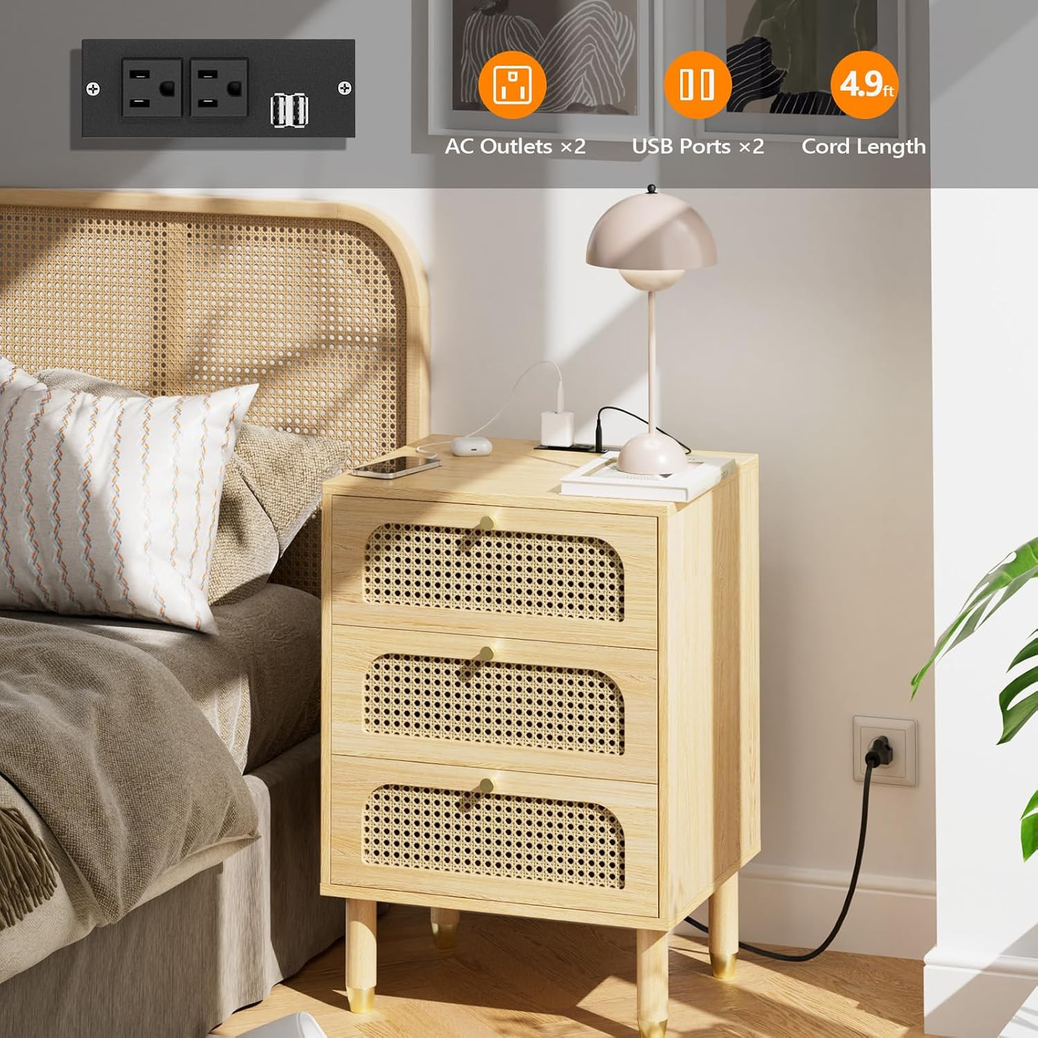 Rattan Nightstand with Charging Station 19" W Nightstand with 3 Drawers