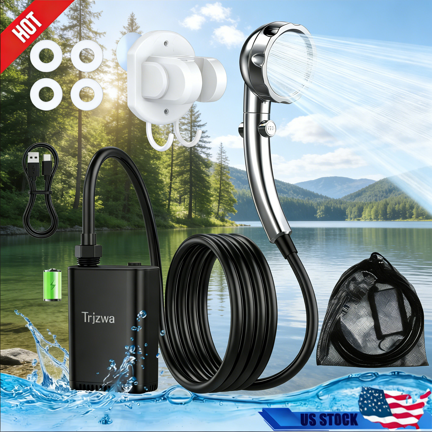 Portable Camping Shower Rechargeable Pump with Adjustable Shower Head Outdoor