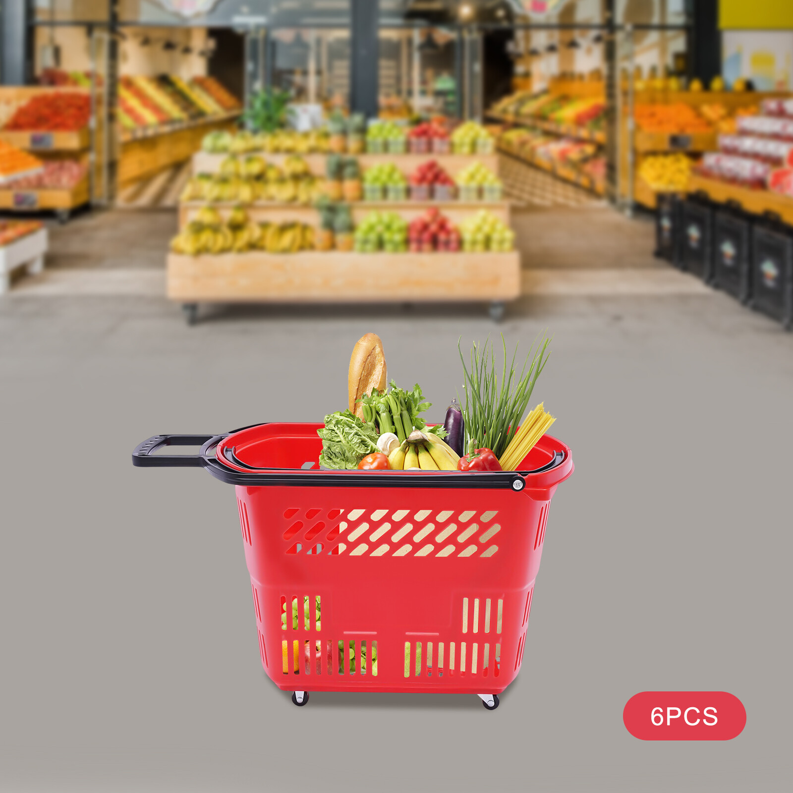 6Pcs Red Rolling Shopping Basket Plastic Rolling Shopping Carts with Handle 35L