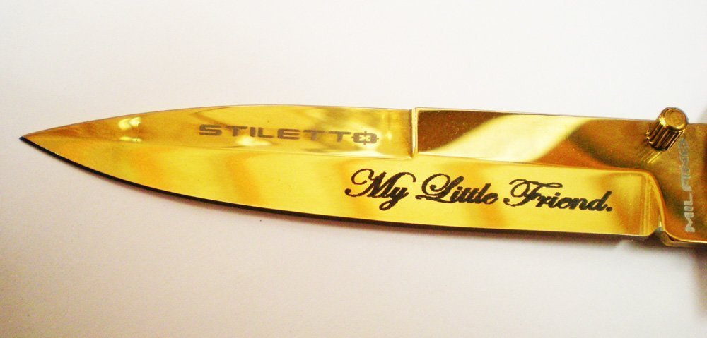 TWO Scarface Tony Montana My Little Friend ALL GOLD Blade Godfather POCKET KNIFE