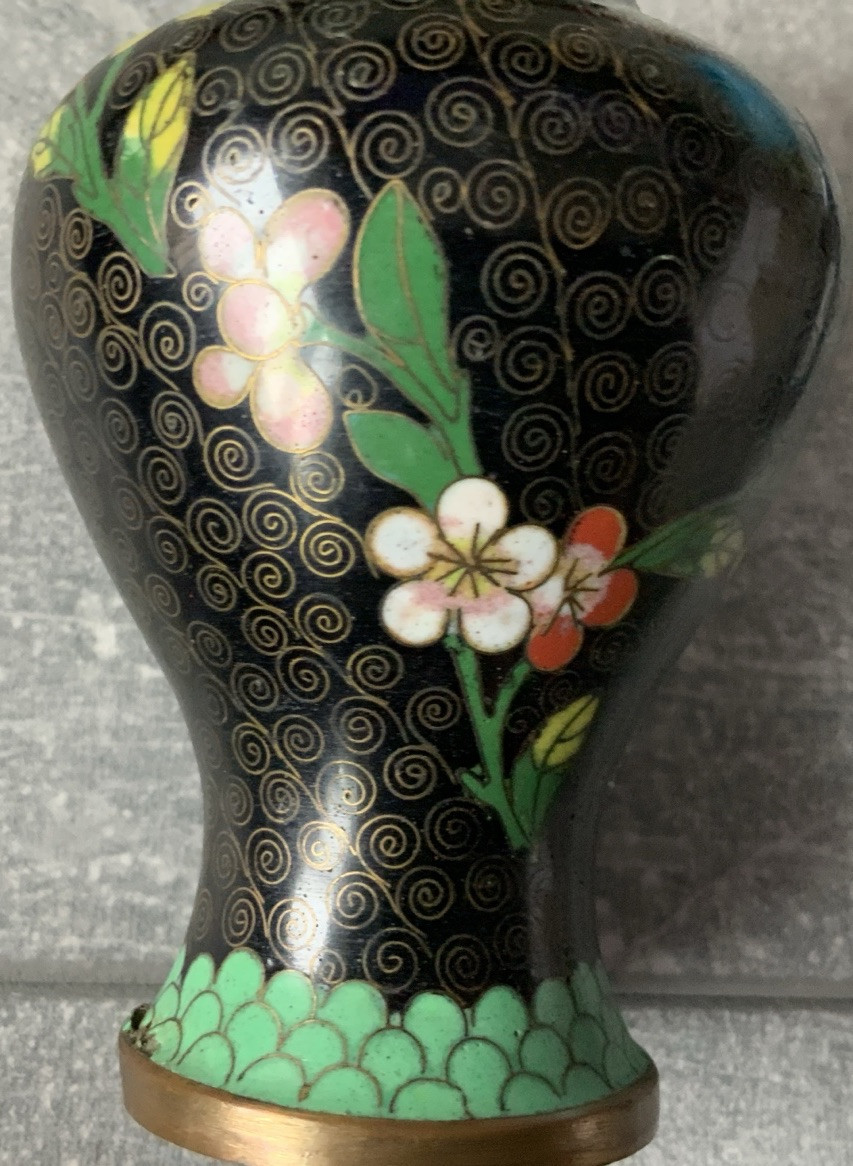 Lot Of 4 CLOISONNE Noir Enamel On Brass Variety Shapes Vases Vintage & Antique