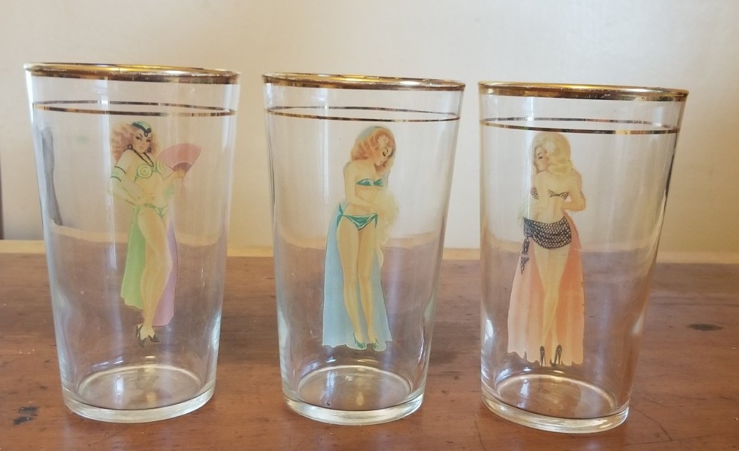 Set of 3 Vintage 1940s Peek-A-Boo Decal Pin Up Lady Girl Highball Glasses