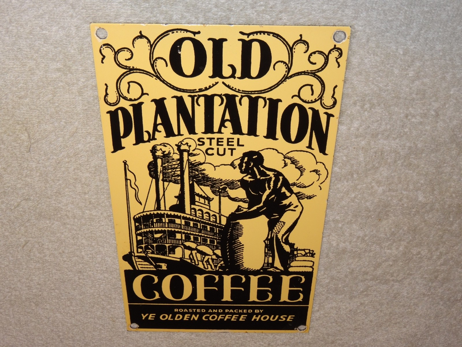 VINTAGE OLD PLANTATION COFFEE W/ PADDLE BOAT 10.5" PORCELAIN METAL GASOLINE SIGN