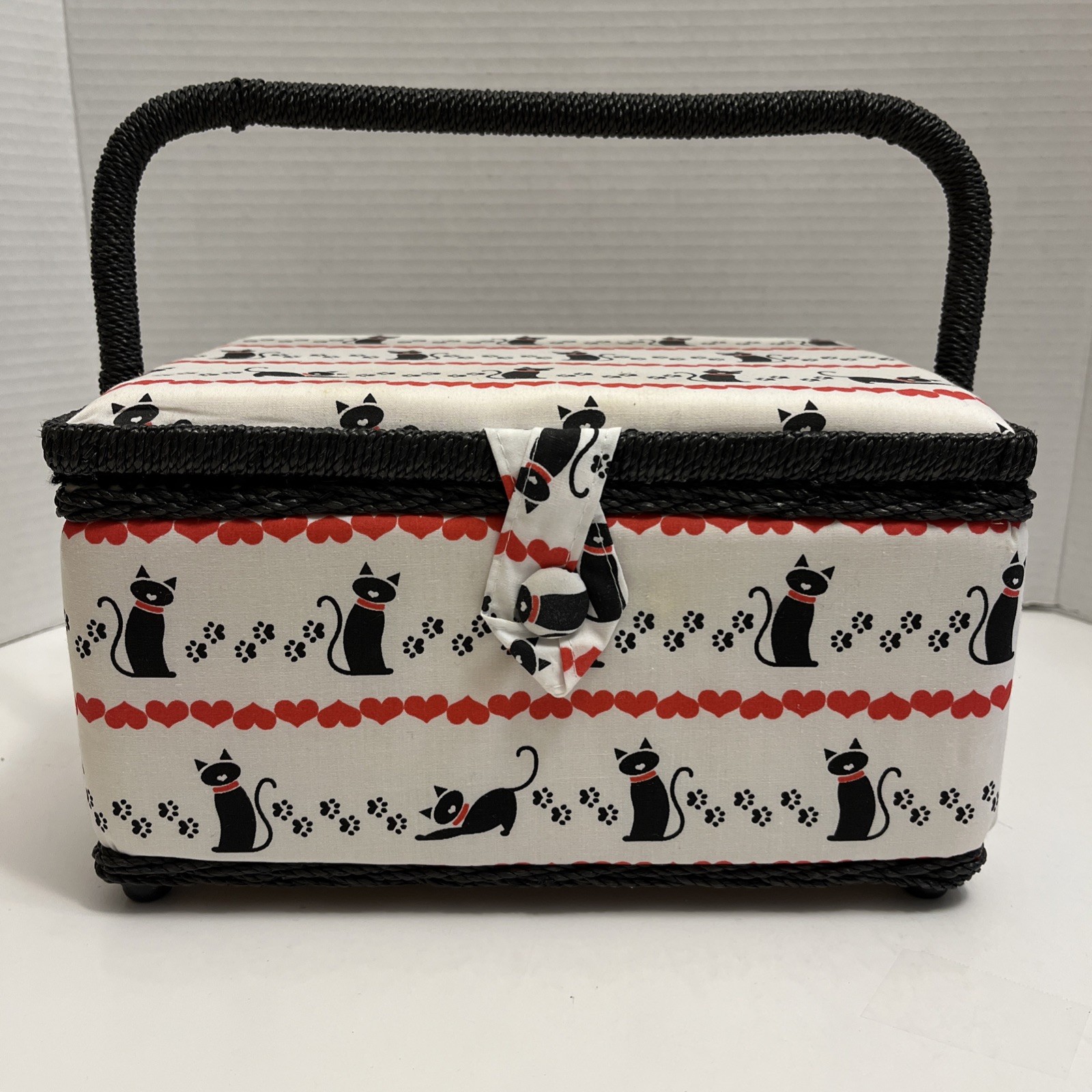 Sewing Basket Cat Print Padded Box Pin Cushion Accessories Storage Snap Closure