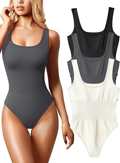 OQQ Women's 3 Pc Bodysuits Ribbed Sleeveless Square Neck Tank Blk/DkGray/Ivory S