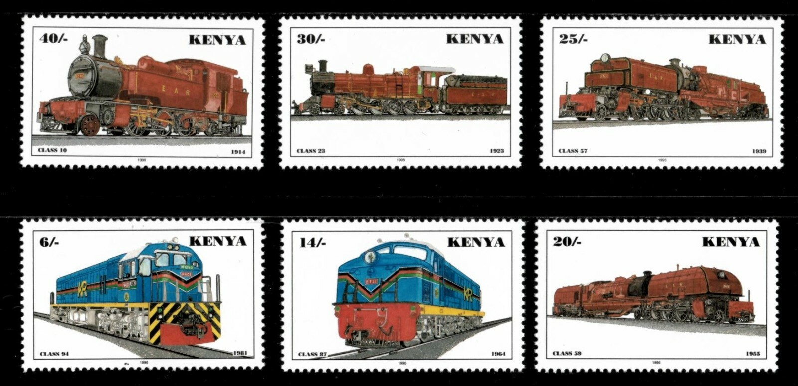 Kenya 1997 - Locomotives, Trains - Set of 6 Stamps - Scott #707-12 - MNH
