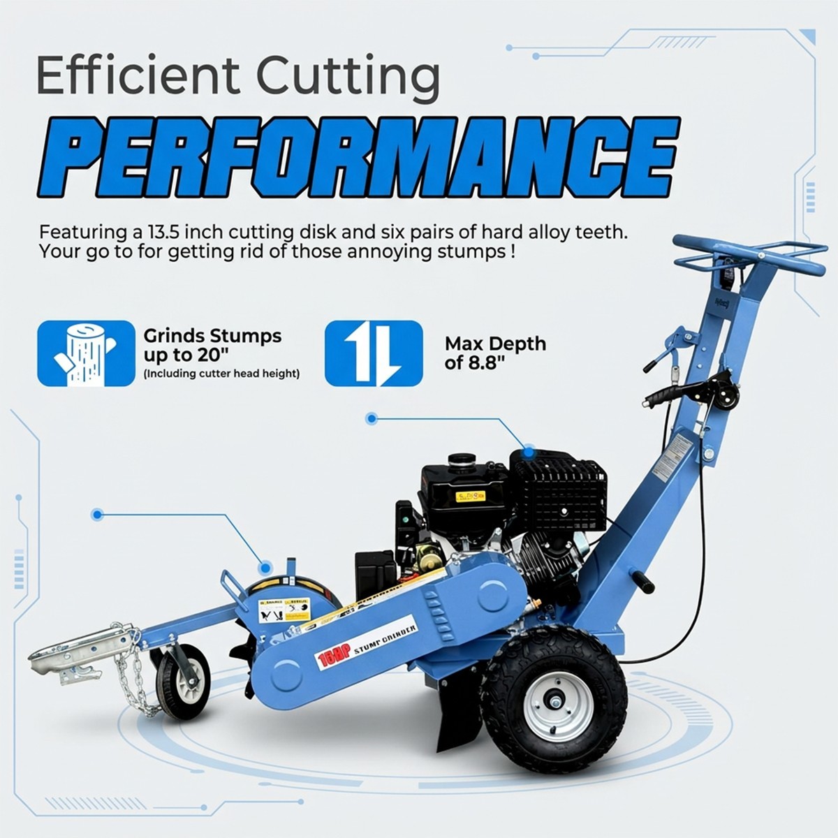 Stump Grinder 15HP 420cc Walk-behind, Electrec Start, 15 Cut Height/10 Cut Depth