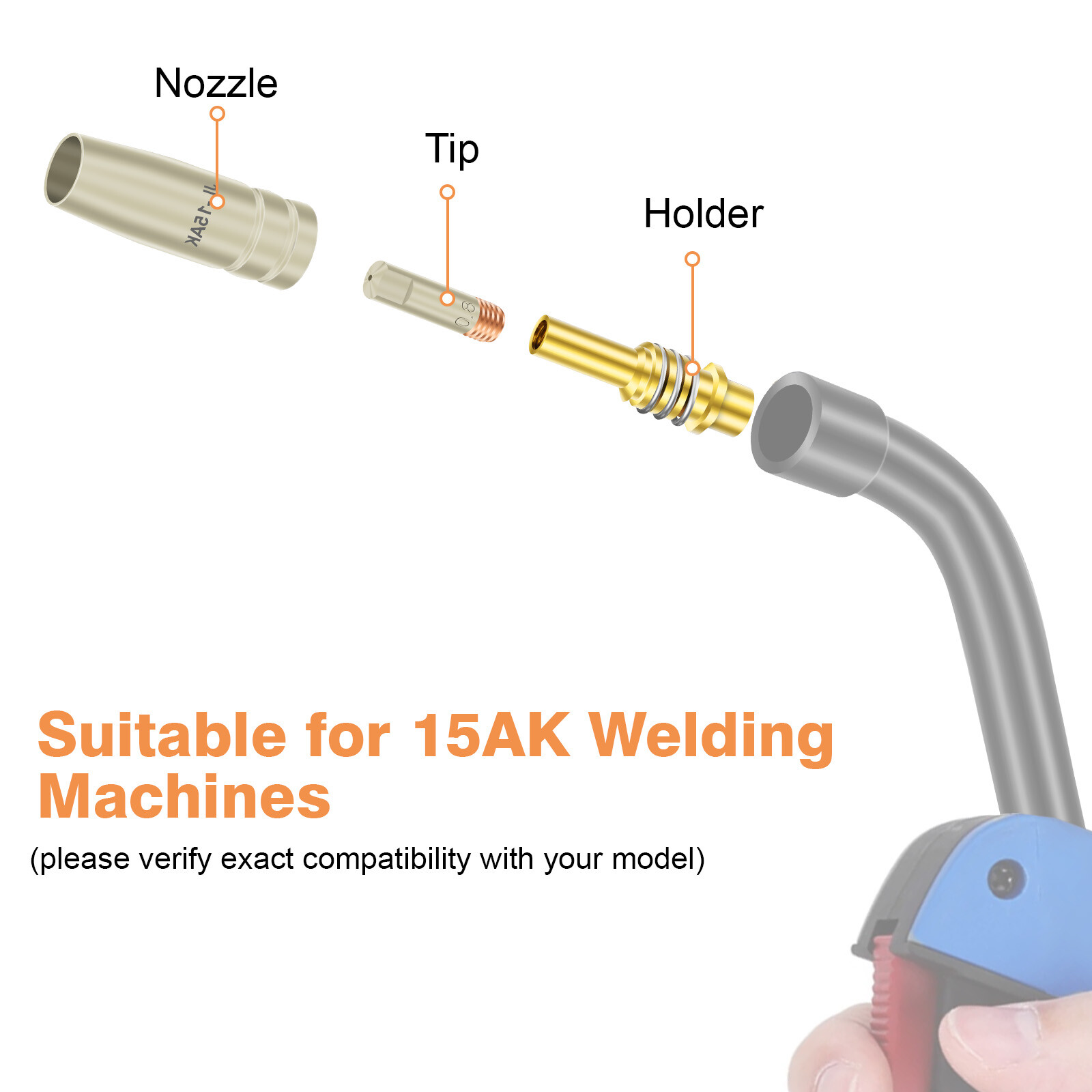 15AK Welding Gun Accessories 0.03'' 0.8mm Contact Tip Nozzle Diffuser 14pcs