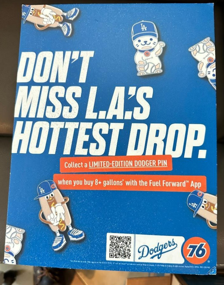 2026 UNION 76 LOS ANGELES DODGERS SIGN 8 GALLONS GAS SEND IN FOR PIN RARE