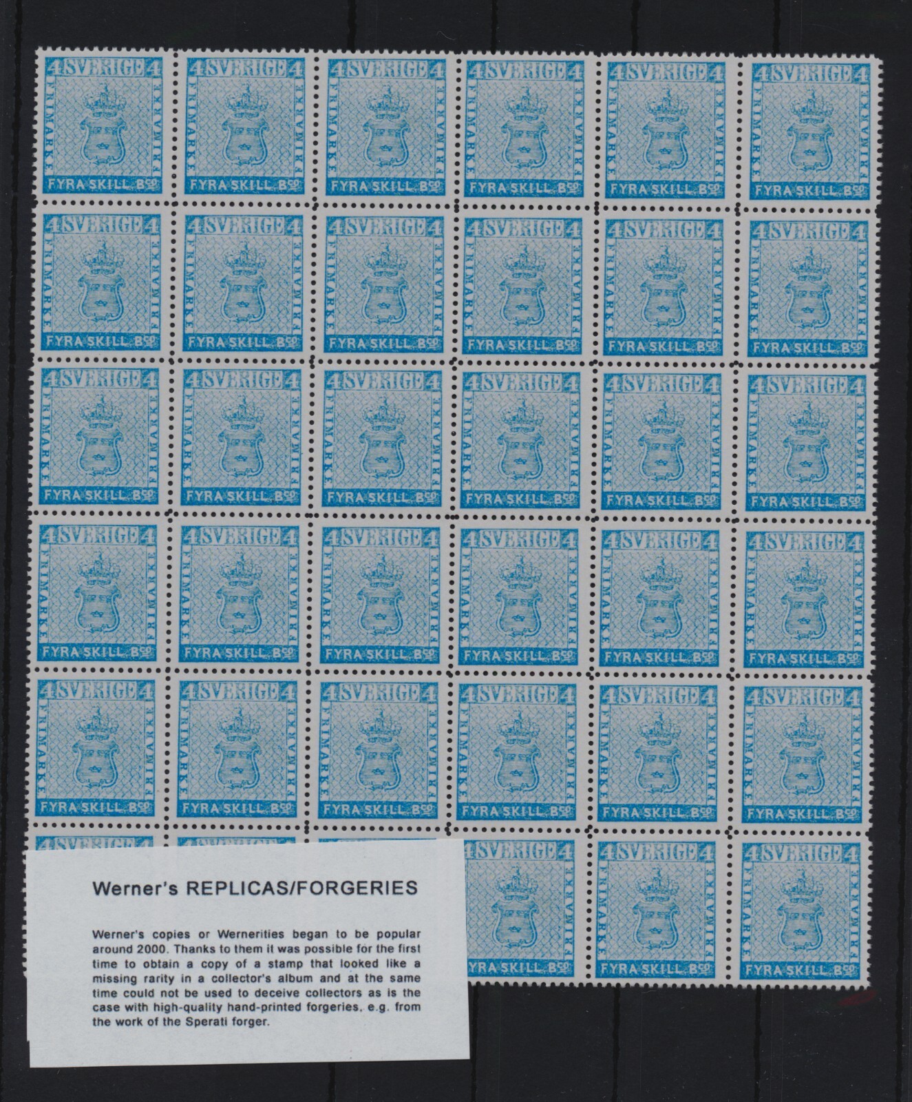 FORGERY - Werner's FORGERY/REPLICA of Sweden, 1855, First Issue, 4sk blue