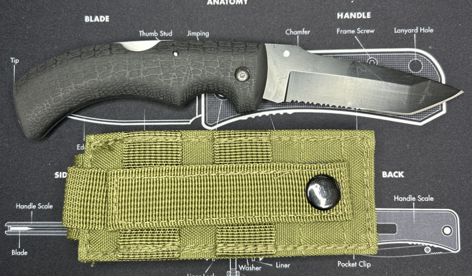 Scipio Tactical Folding Knife Black Rubber Handle Tanto Combo Edge Blade VGUC