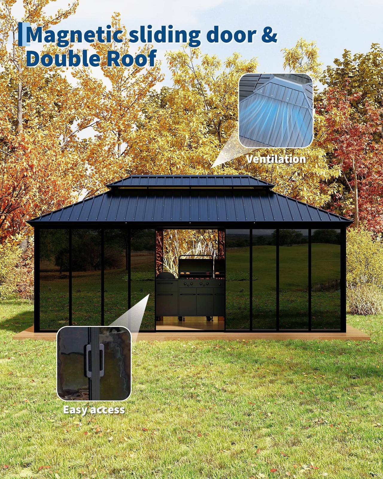 All-Aluminum Hardtop Gazebo 12x20 ft Enclosed Sunroom w/ Sliding Doors Patio