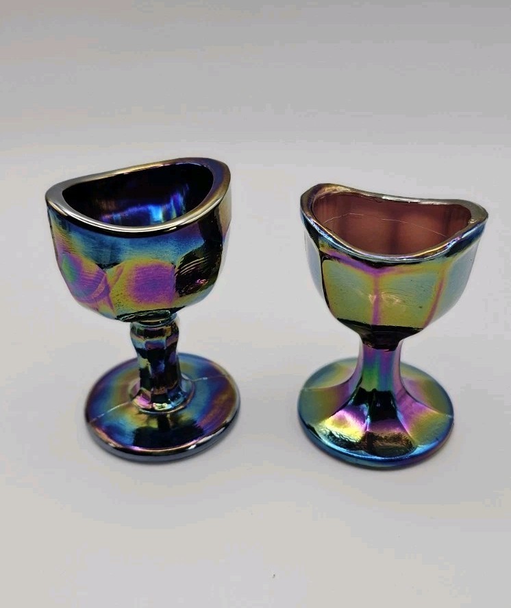 Lot 2 VTG Carnival Glass Eye Wash Cups Iridescent Optical Medical Amethyst