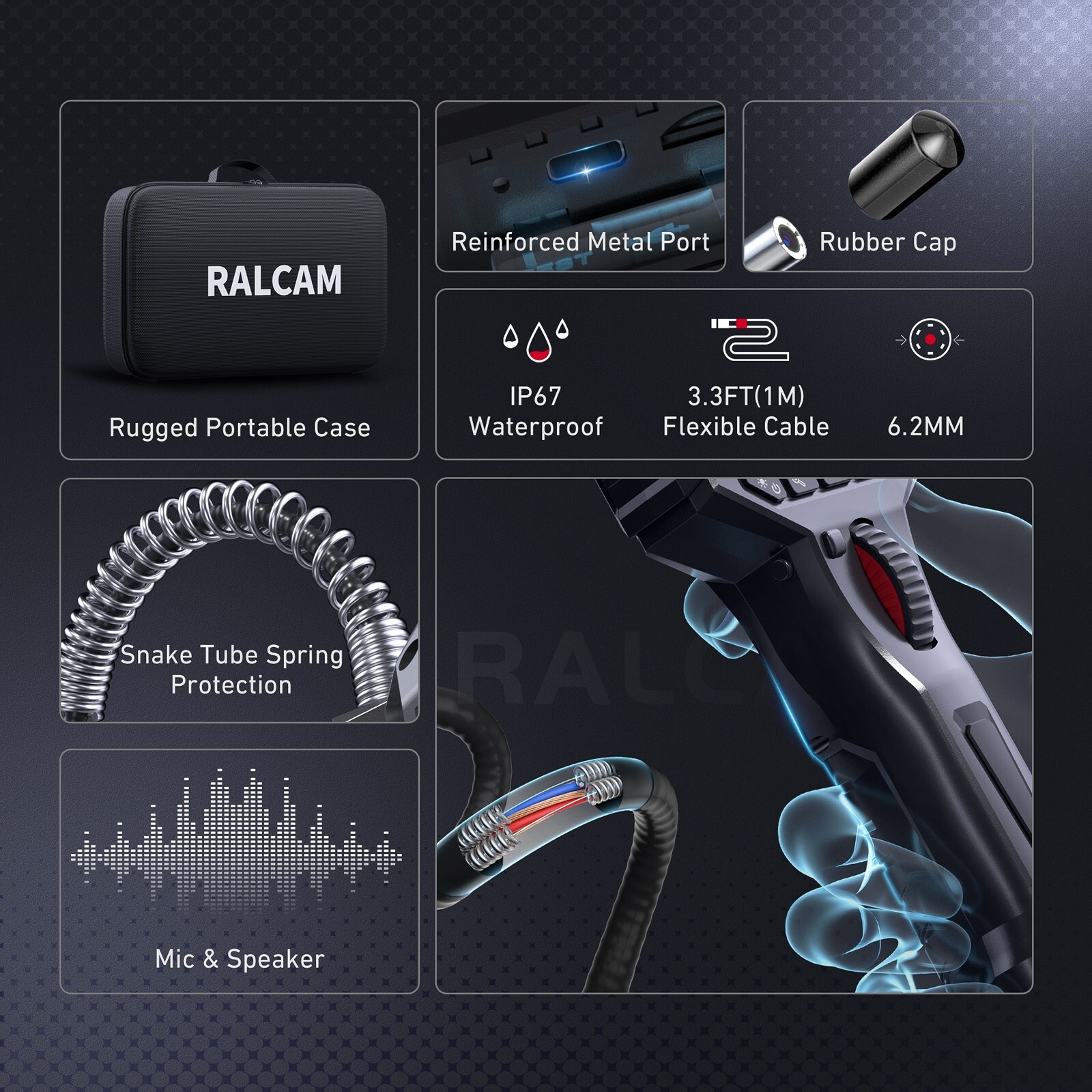 Ralcam Two-Way 210° Inspection Borescope 6.2mm Endoscope Camera 3.3ft Semi Rigid