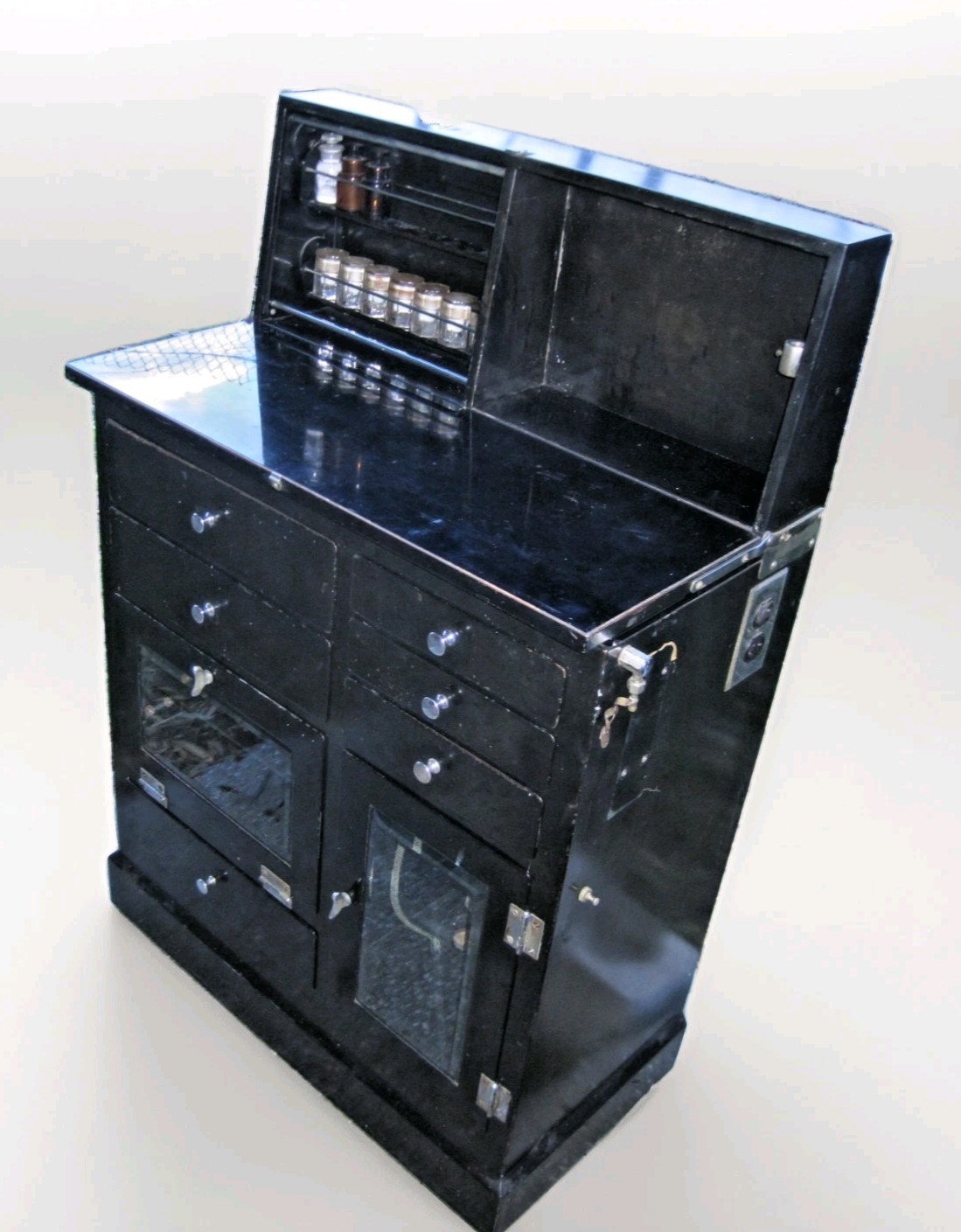 Antique Medical Podiatry Dental Metal Glass Cabinet w/ Bottles Electric Bosworth