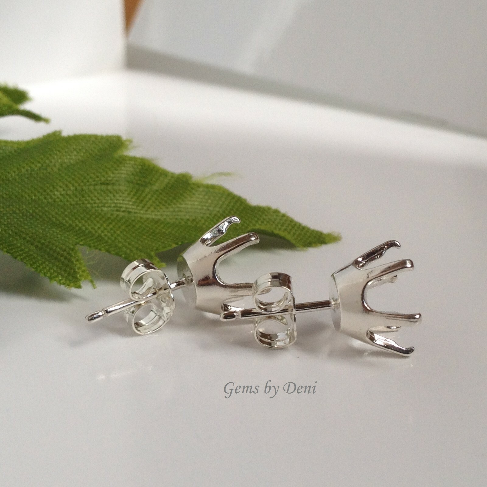 Two Round 6-Prong Solid Sterling Silver Pre-Notched Earring Settings (3mm-8mm)