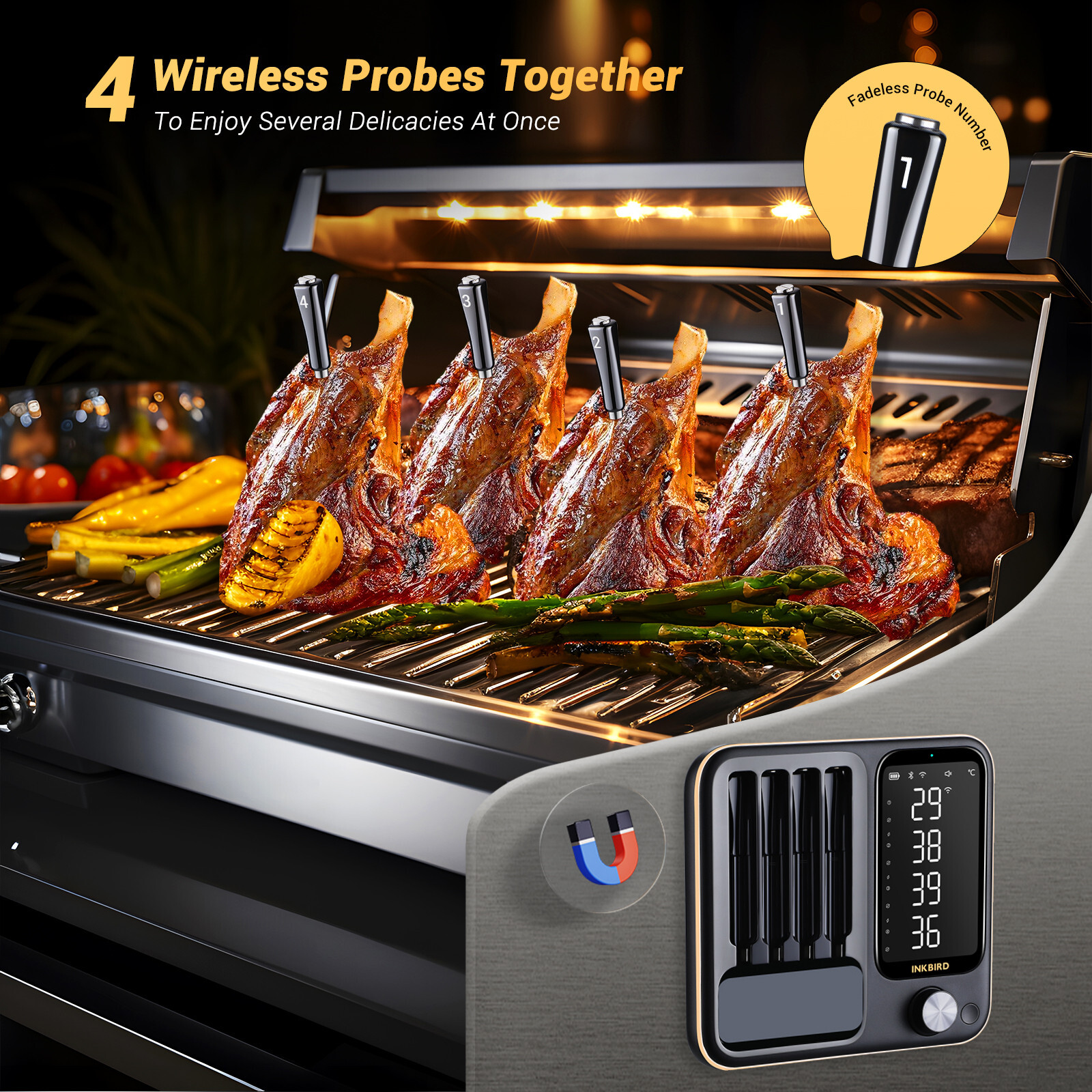 4-Probe Wireless Meat Thermometer Three-Mode WiFi Bluetooth Pre-alarm/Timer BBQ