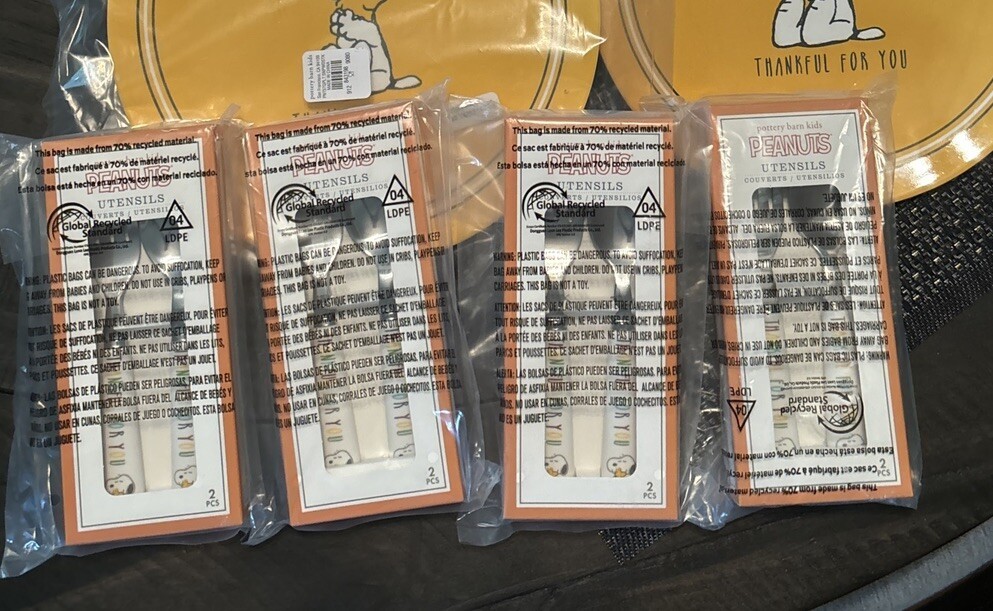 Pottery Barn Holiday Snoopy Disney School UTENSIL peanuts Thanksgiving SET 4 .