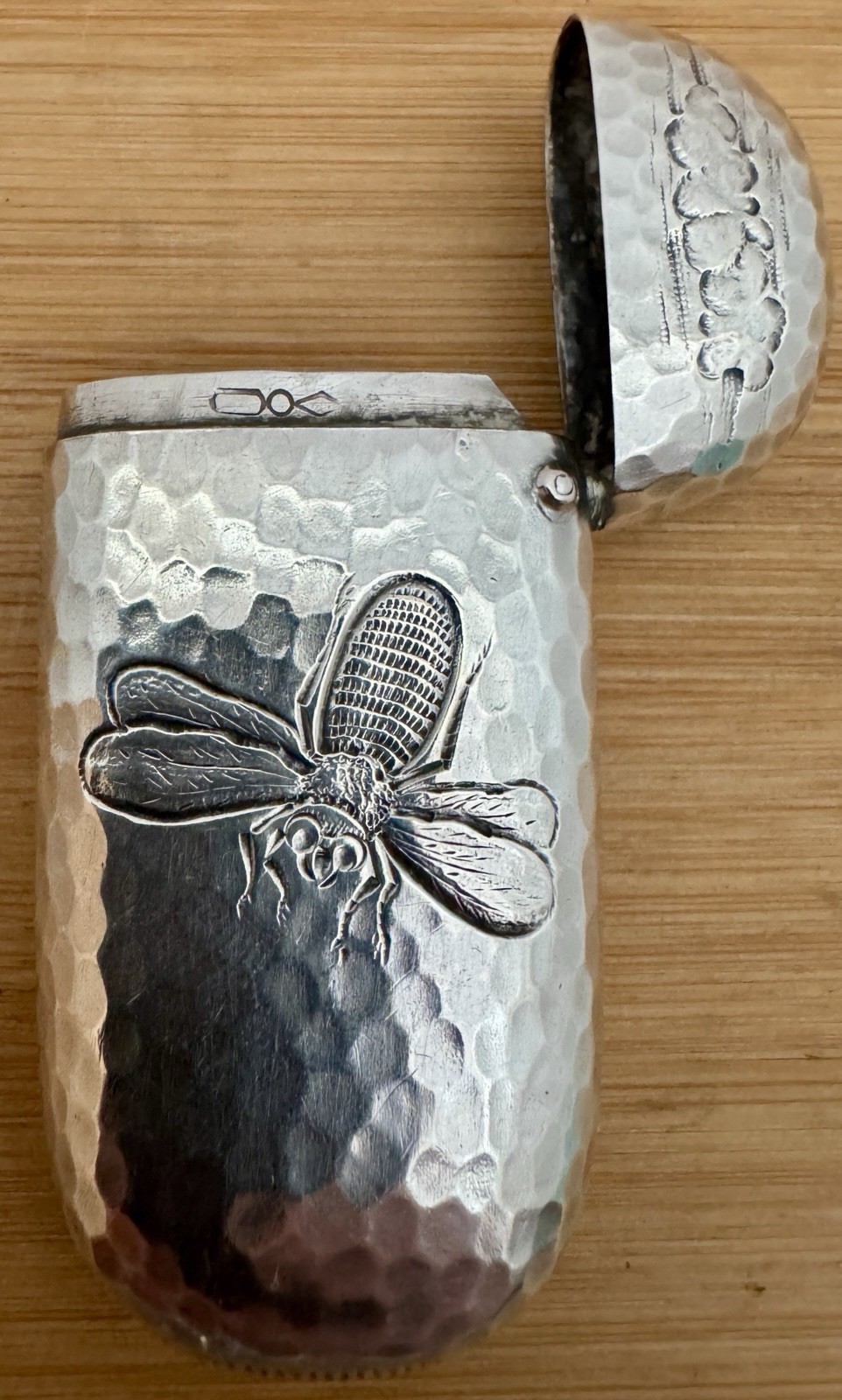 RARE DOMINICK HAFF AESTHETIC BUGS HAMMERED STERLING MATCH SAFE VESTA CASE C 1880