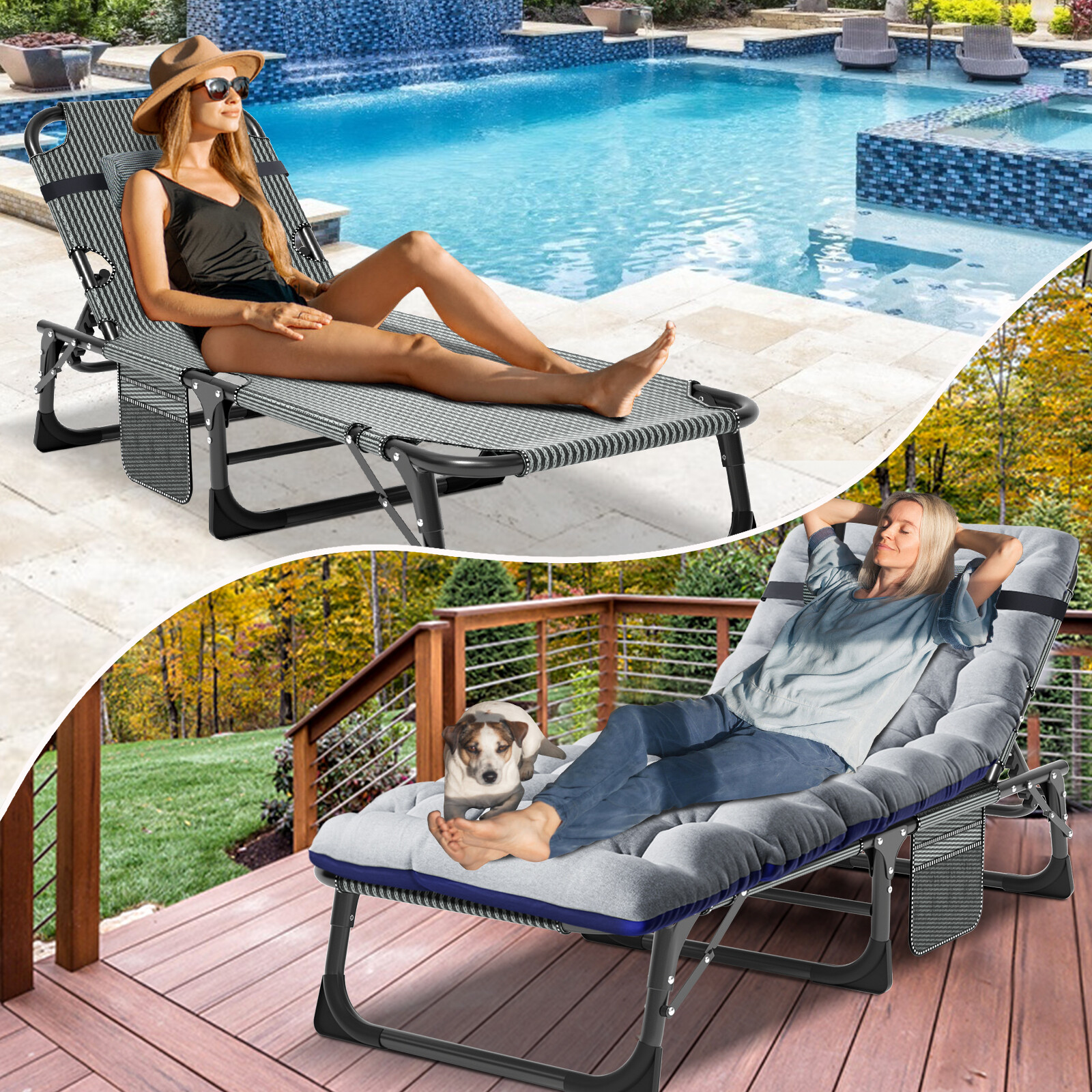 Folding Reclining Cot Outdoor Beach Patio Chaise Lounge Chair Pool With Blue Pad