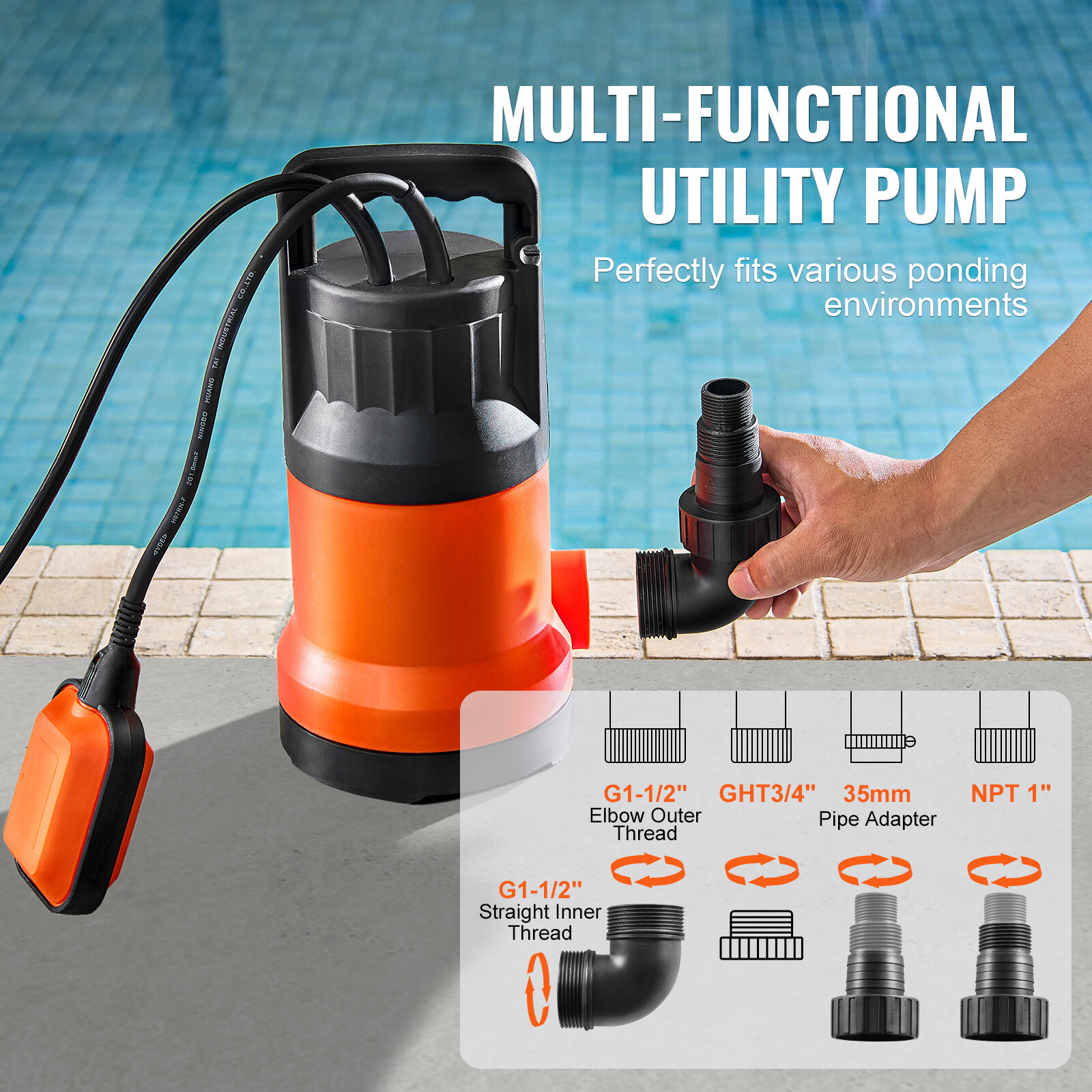 VEVOR Submersible Utility Pump Sump Pump 1 HP 4000 GPH 31 ft Head Water Pump