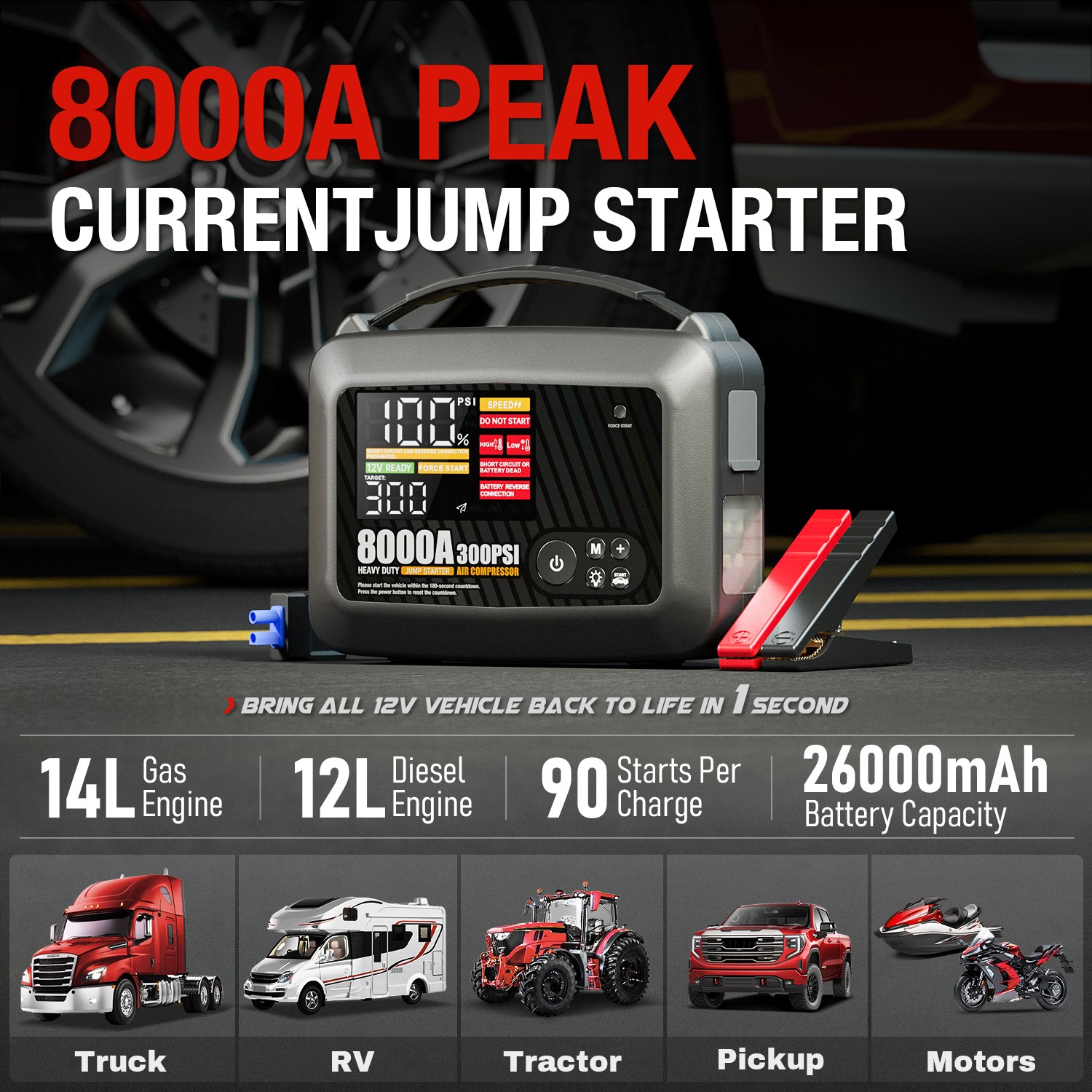 Truck Heavy Duty 8000A Jump Starter with Air Compressor Power Bank Battery Safe