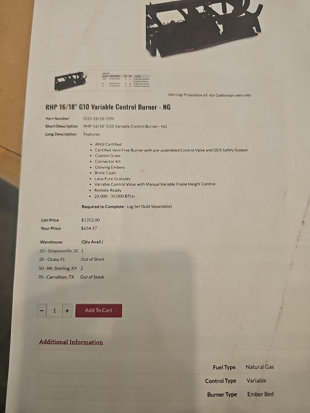 Petersen RealFyre G10 16/18" Gas-Log Natural Gas Burner System Vent Free