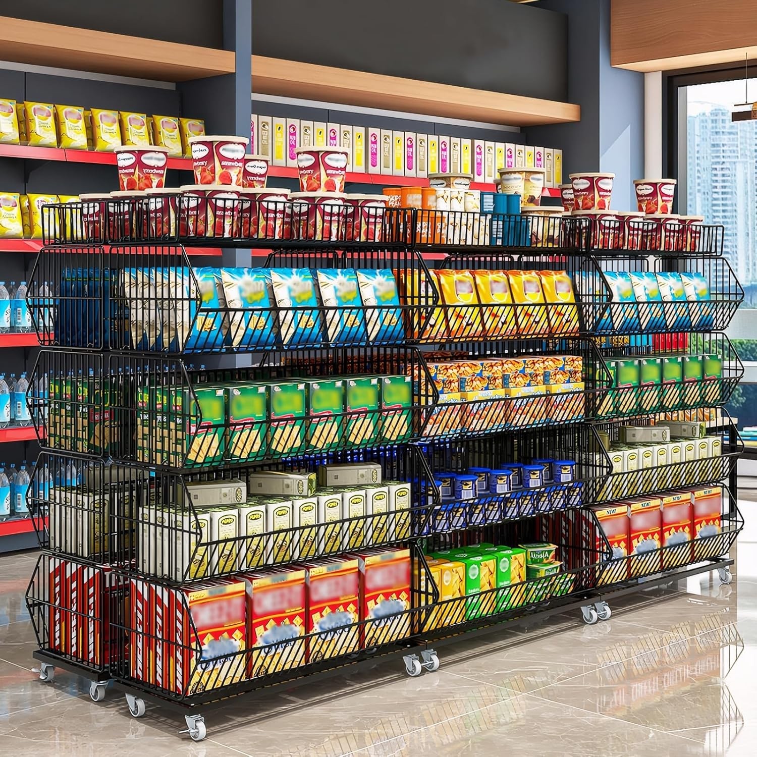 Retail Display Market Shelf Large 5 Layer Potato Chip Displays Stand w/ Wheels