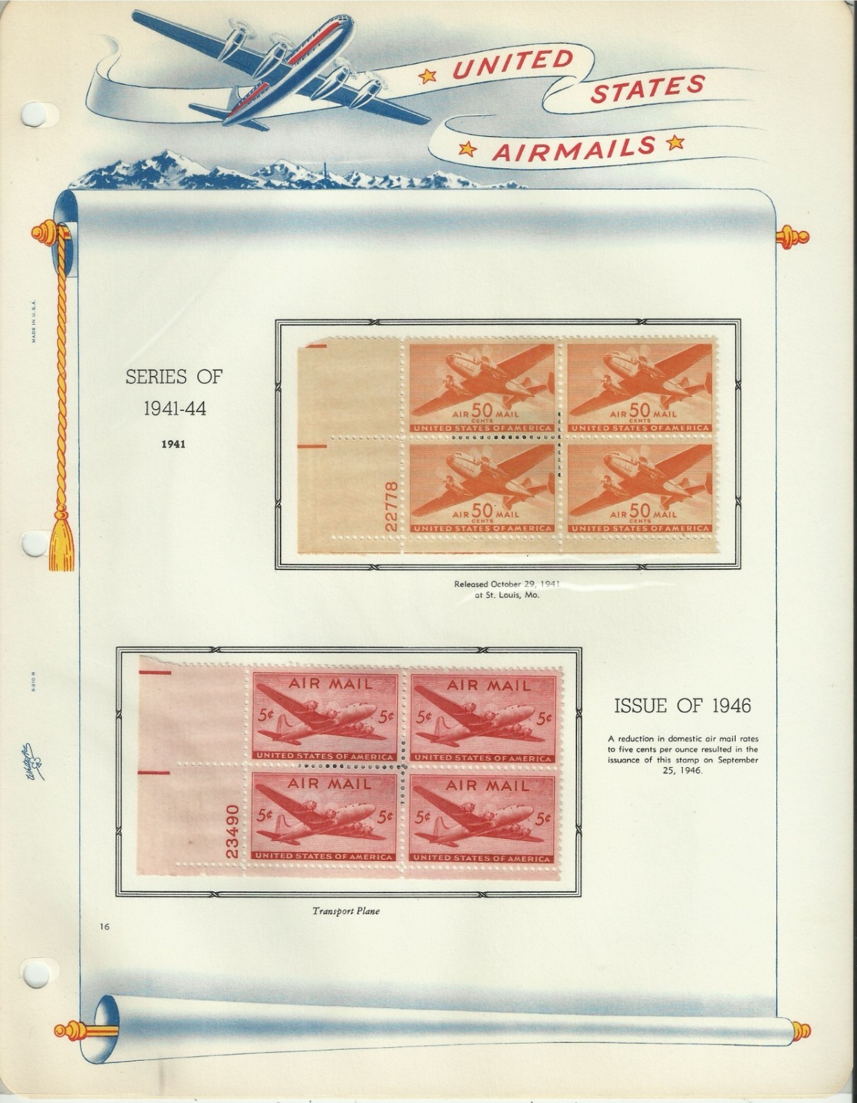 USA Stamps: Air Mail Plate Blocks & Singles on White Ace Album Pages. SCV $350+