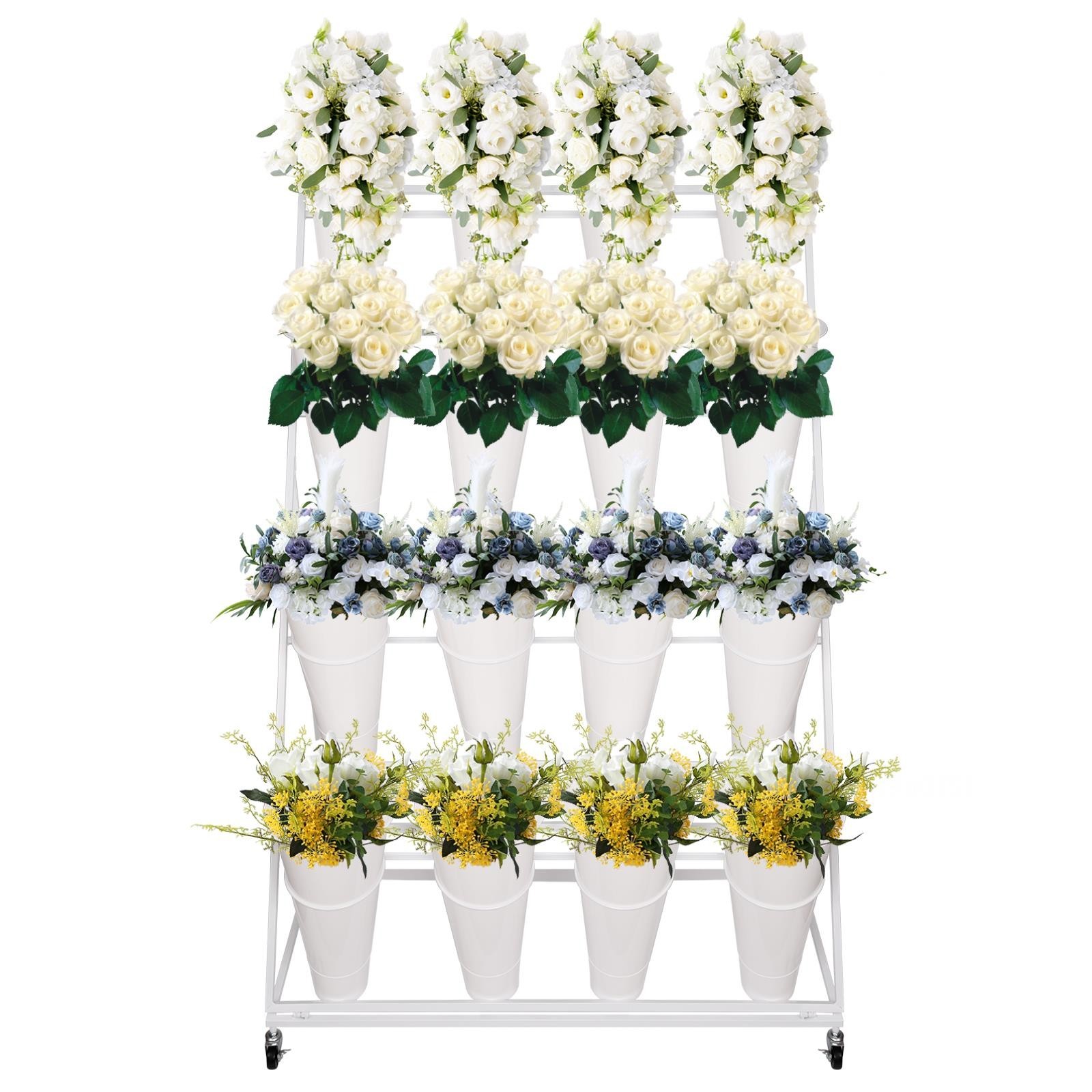 3/4 Tiers Flower Display Stand Cart w/ Round/Square &12/16 Buckets Flower Stand