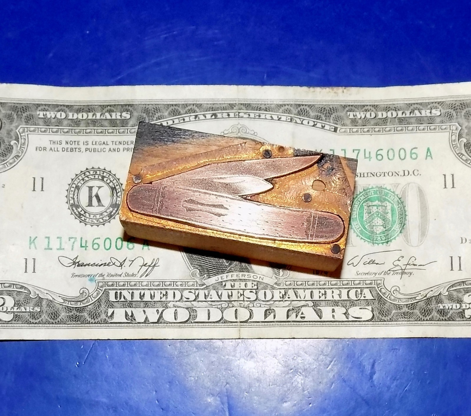 Vintage Pocketknife Wood and Copper Letterpress Printers Block