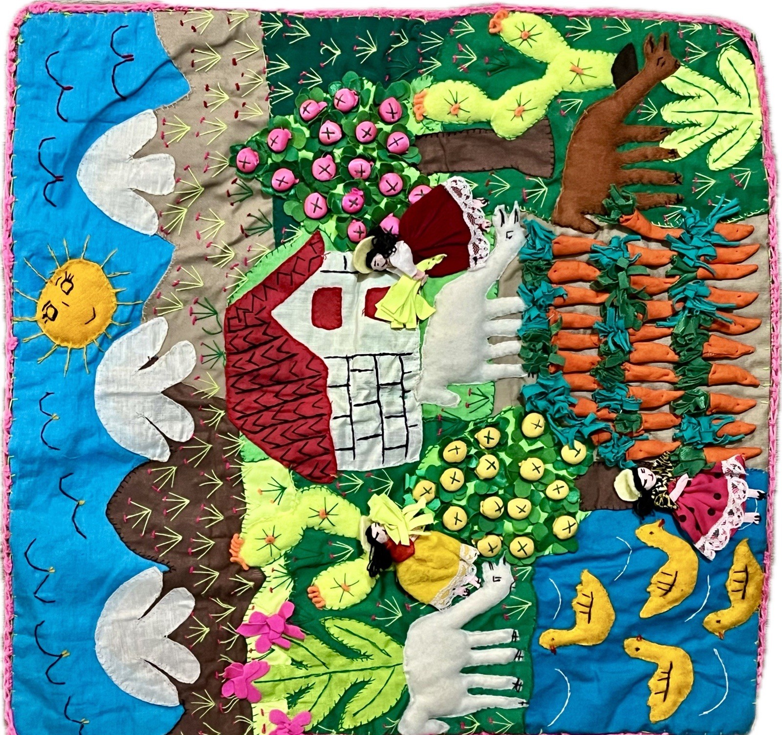 Handmade Peruvian Textile Art Farm Scene Wall Hanging 3D Pink Red Pillow Cover