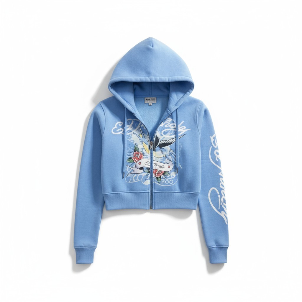 Ed Hardy Cropped Hoodie Zip Up | Baby Blue Tattoo Bird & Rose or Ivory Horses