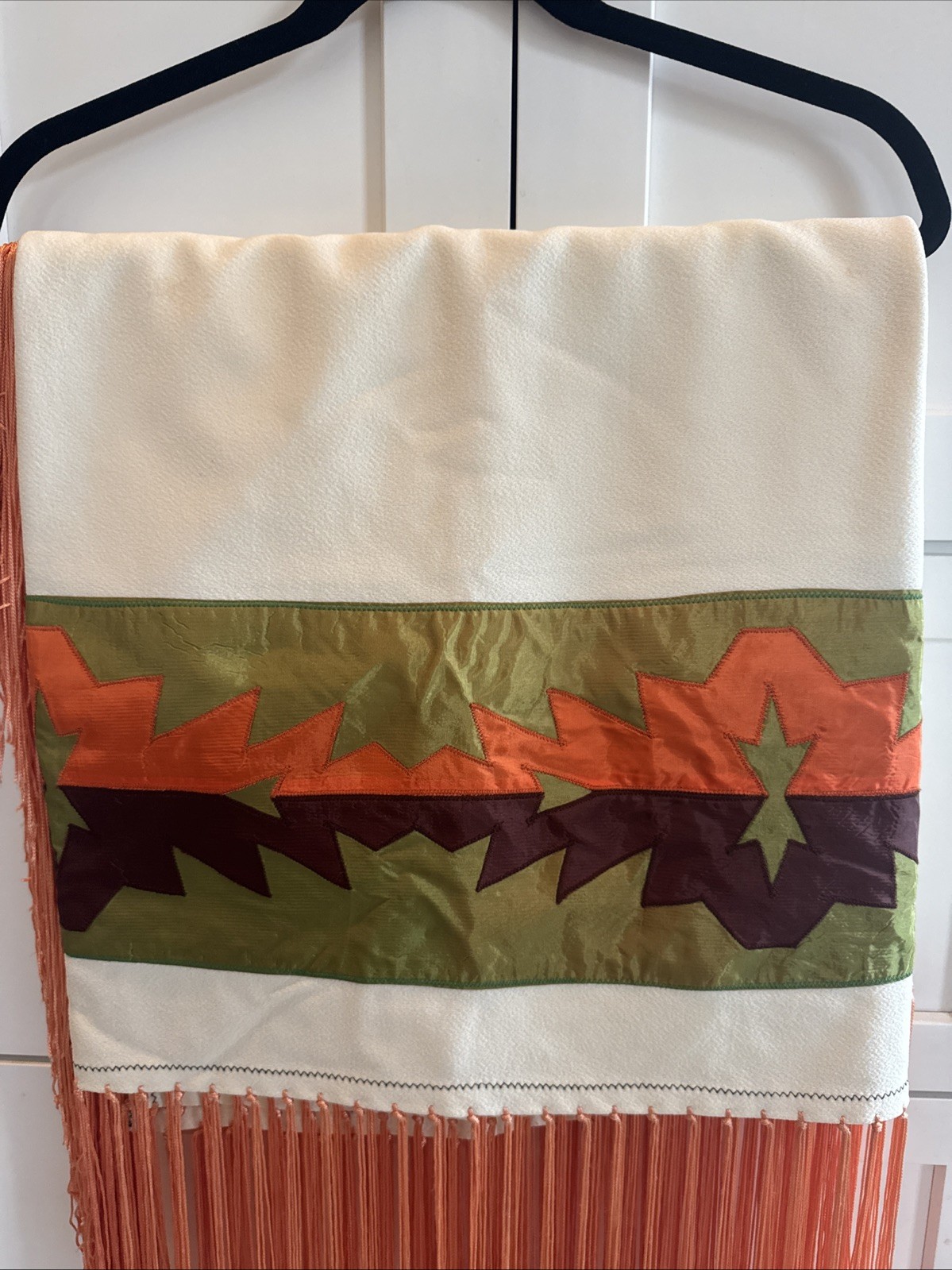 Native American Dance Shawl Knotted Fringe Orange,Brown,Green Ribbon 60x61