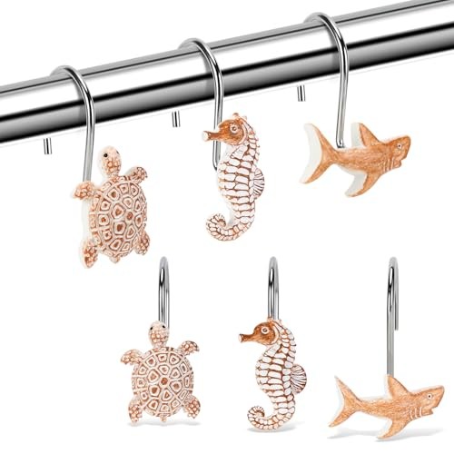 Seashell Shower Curtain Hooks, 12Pcs Decorative Anti-Rust Shower Turtle 2