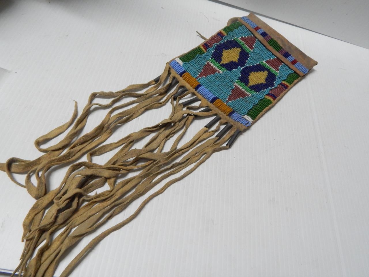 VINTAGE ARAPAHO BEADED PLAINS RATION CARD POUCH - TIN CONES FRINGE CLEAN  + NICE