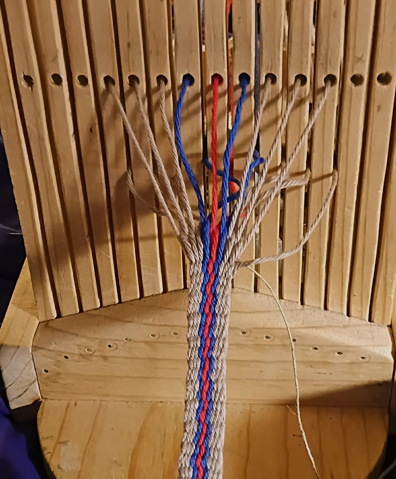 Hand Woven Narrow Cotton+ Hemp Strap f. Powder Horn,abt. 50"natural, blue, red