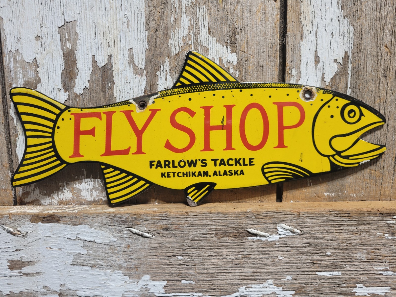 VINTAGE FISH PORCELAIN SIGN OLD FLY SHOP FARLOWS TACKLE KETCHIKAN ALASKA SALMON