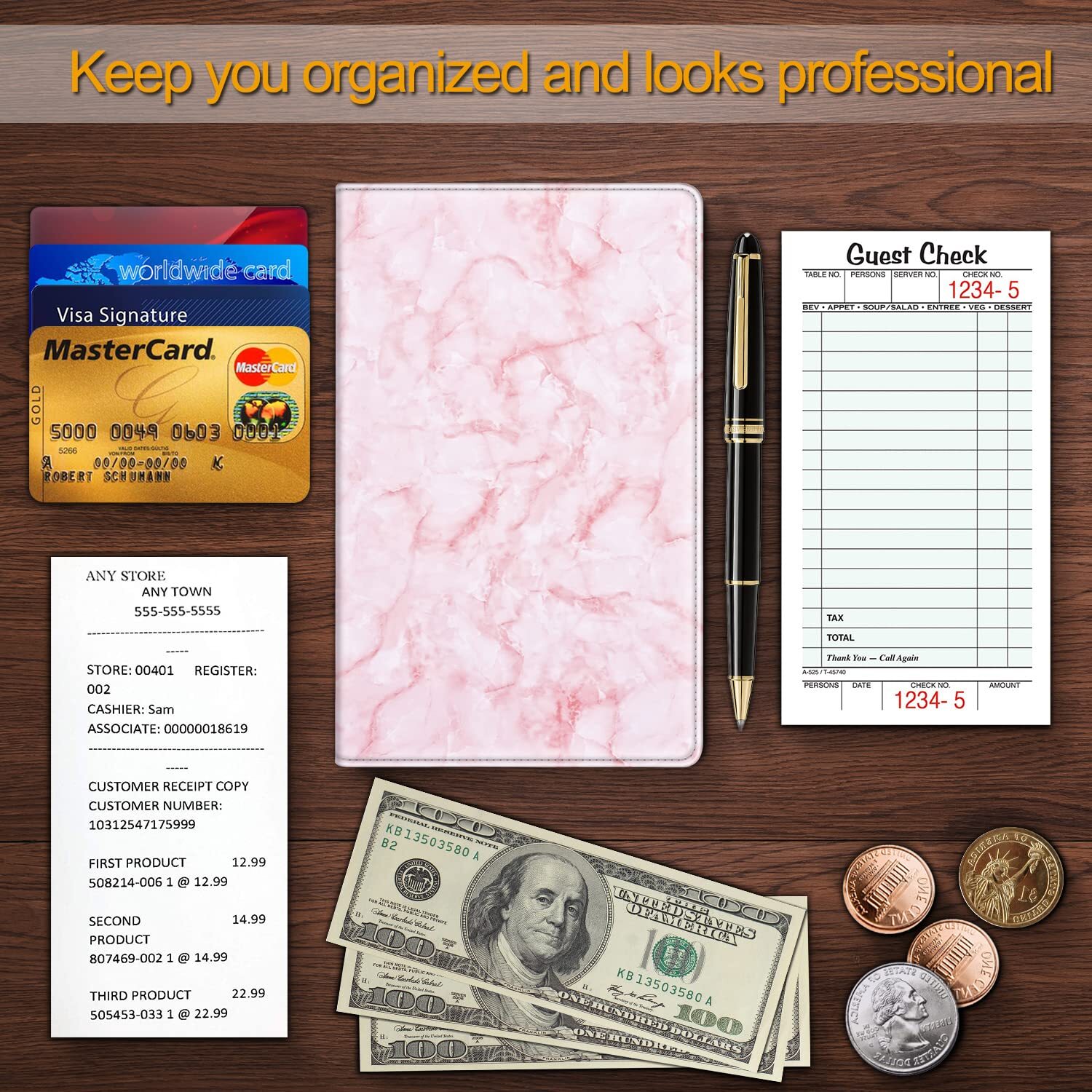 Server Book PU Leather Book Organizer Wallet Zipper Pocket for Waitress Waiters