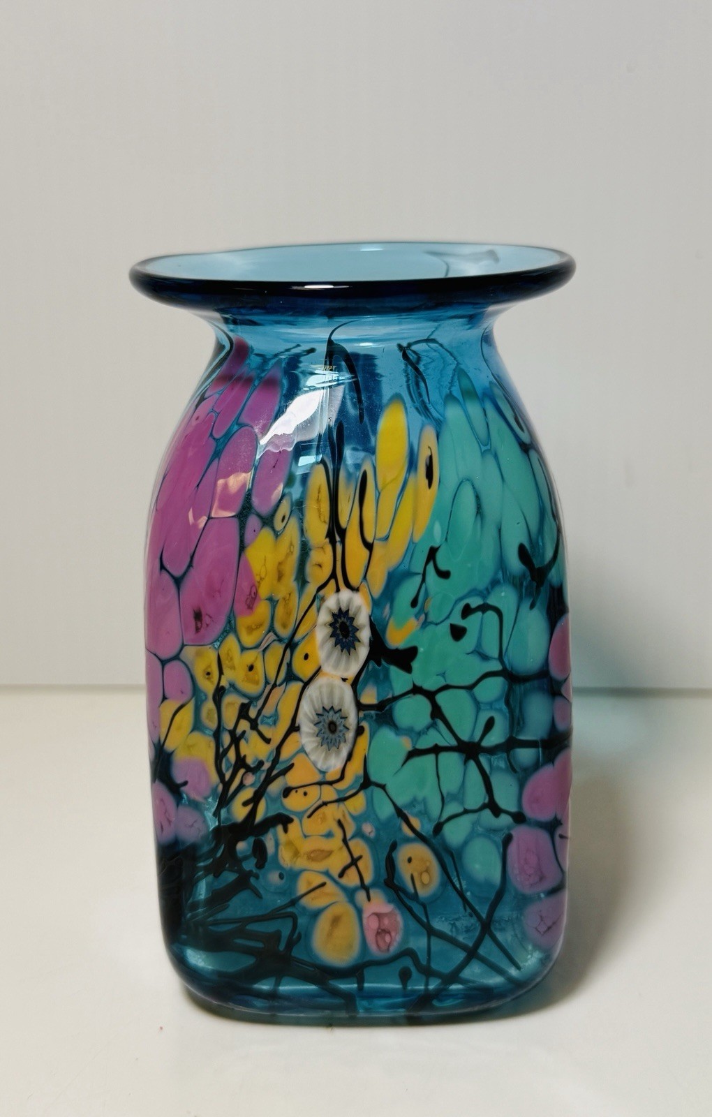 Herb A. Thomas Art Glass Hand Blown Blue Millefiori Floral Vase Signed HAT 4.5”