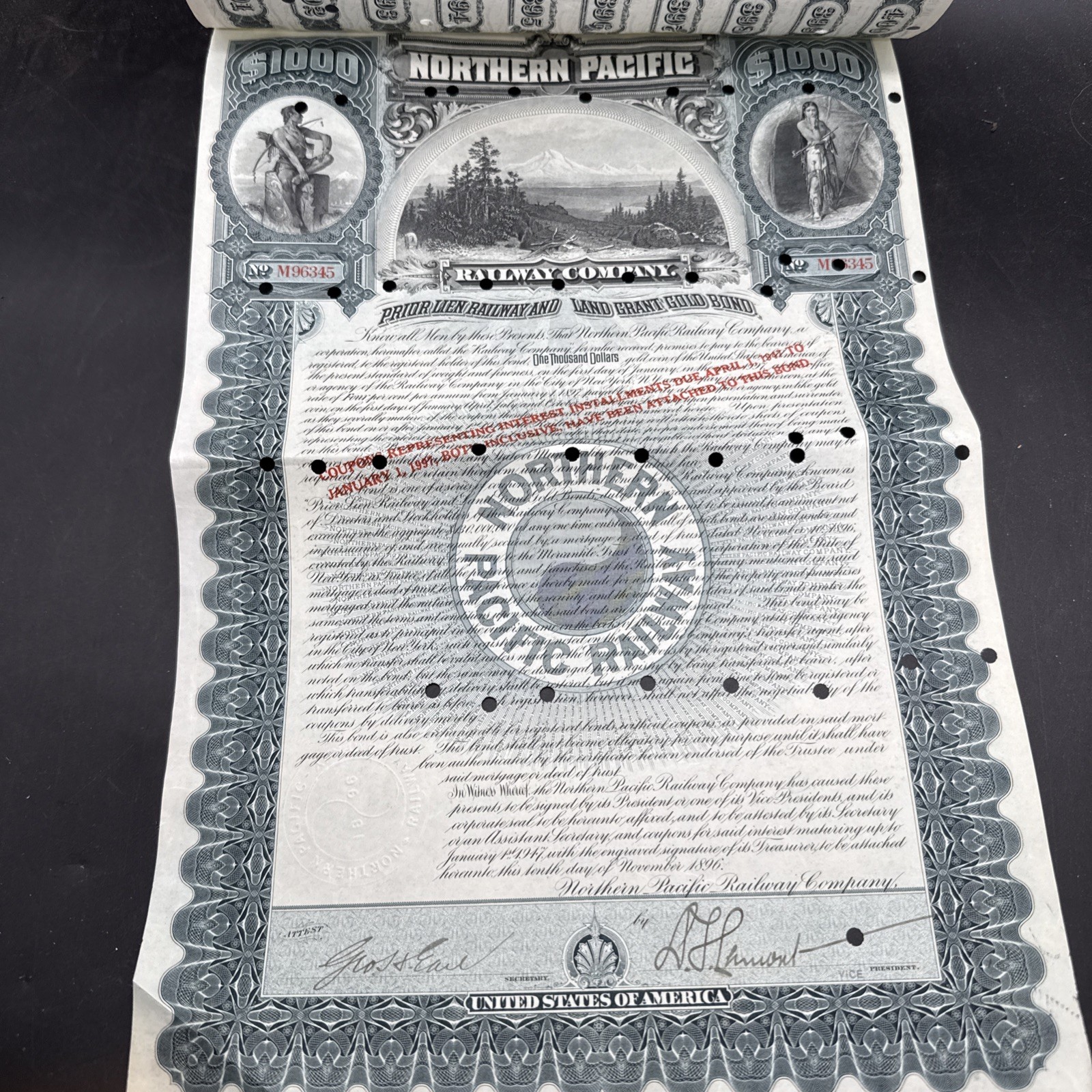 Northern Pacific Railway Co. 1897 dated $1,000 Railroad Gold Bond Gorgeous