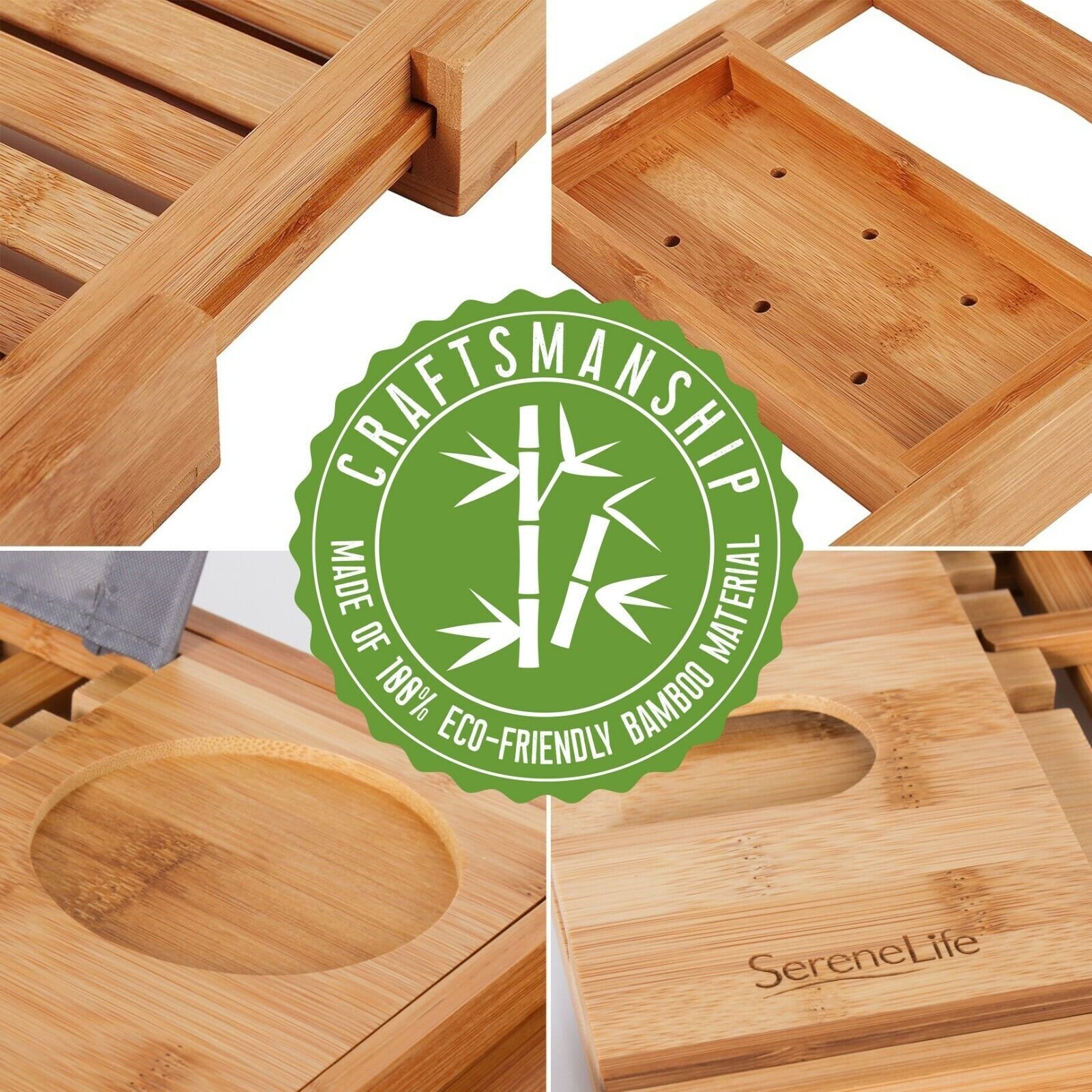 Luxury Bamboo Bathtub Caddy Tray - Adjustable Natural Wood Bath Tub Organizer