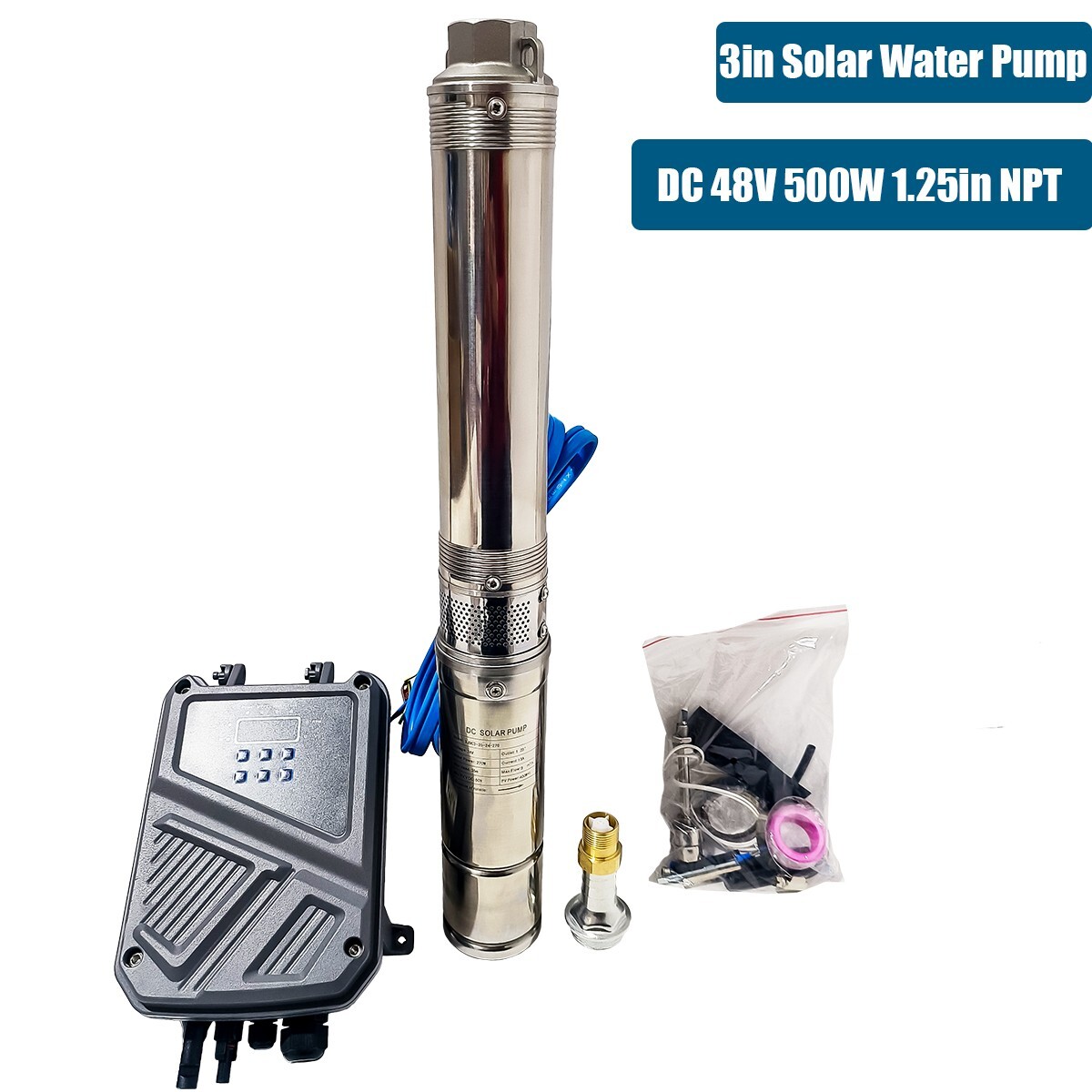 DC 48V 3" Solar Pump Submersible Pump Bore 500W Deep Well Pump + MPPT Controller